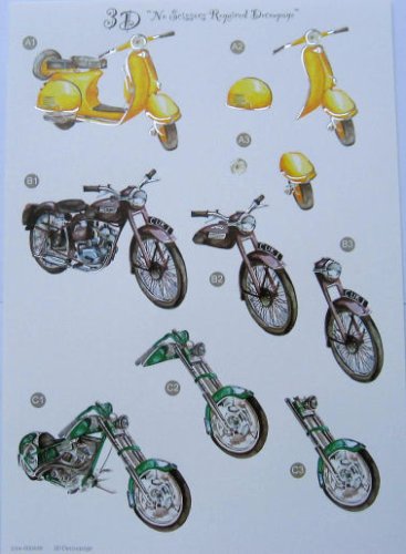 Childrens Toyshop  Toys : A4 3D step by step die cut decoupage sheet - motorbikes, scooter