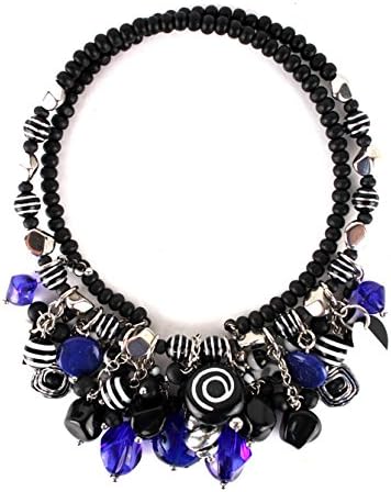 Treska Capri Bright Blue, Black, White and Silver Tone Beaded Dangle Coil Necklace