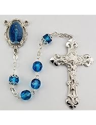 7mm Blue Glass Rosary with Enamaled Center & Rhodium Cfx, Deluxe Gift Boxed