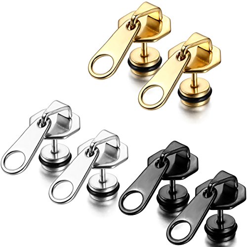 Flongo Men's Punk Rock Stainless Steel Zipper Puller Zipper Head Stud Earrings