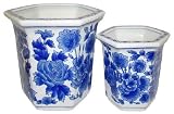 Blue & white deep hexagon planters - set of 2