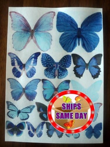 15 BLUE Small Medium & Large Edible Butterflies Assorted Set - Cake Decorations, Cupcake Topper - NEED TO BE CUT OUT