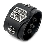 Power Black Leather Cross Shield Bracelet With Fleur-De-Lis Accents Adjustable