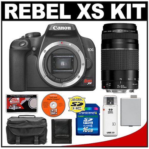 Canon Digital Rebel XS 10.1MP Digital SLR Camera (Black) + Canon 75-300mm III Lens + 16GB SD Card + LP-E5 Battery + Case + Cameta Bonus Accessory Kit