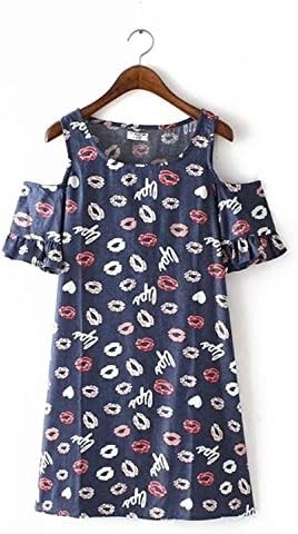 XianShiYa Casual Cute Short Sleeve Off Shoulder Red Lip Print Denim Dress