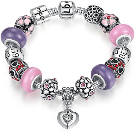 Fun Charm Jewelry Pink and Purple Glass Beads Love Heart Dangle Snake Chain Fit Pandora Charm Bracelet
