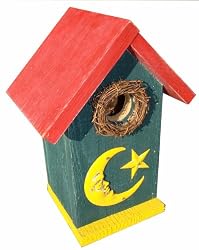 Funky Randy Birdhouse 11.5" - Moon & Star Blue/Yellow/Red Usable Freestanding Birdhouse R-128