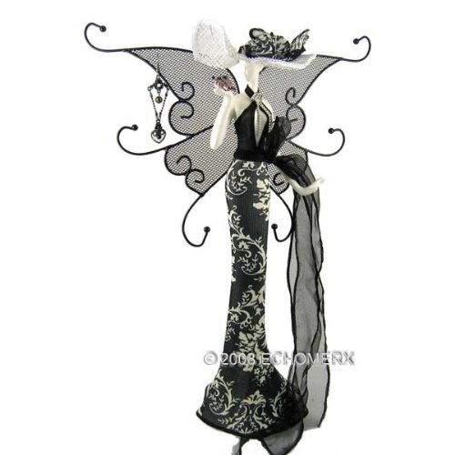 Jewelry Stand - Butterfly Lady With Wing & Hat- Doll Dress Form Display-Earrings Holder Organizer -Black & White Floral