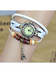 Retro Eiffel Tower Ornament Quartz Women Men Wrist Watch White Leather Bracelet
