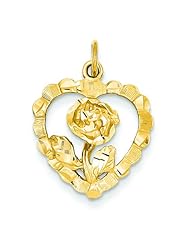 14K Yellow Gold Rose Heart Charm Flower Love Pendant