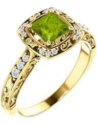 18K Yellow Gold 5.00x5.00mm Princess Cut Peridot and Diamond Ring -- LIFETIME WARRANTY