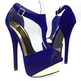 Qupid Women's COUNT09 Gold Metal T-Strap Ankle Strap Open Toe Platform High Heel Stiletto Pump Sandal Shoes, Royal Blue Faux Suede, 9 B (M) US