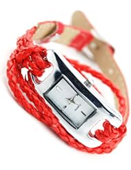 Fashion Womens Quartz Square Dial Weave Wrap Fuax Leather Bracelet Watch Red