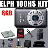Canon PowerShot ELPH 100 HS 12 MP CMOS Digital Camera with 4X Optical Zoom (Grey) NB4L Battery/Charger 8GB DavisMAX HDMI Bundle