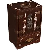 Handmade Stained Wood & Mother Of Pearl Chinese Jewelry Box With Lotus Flower Design