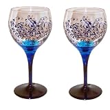 ArtisanStreet's Elegant Wine Goblets. Set of 2. Intricate Scroll Design in Shades of Blue. Signed