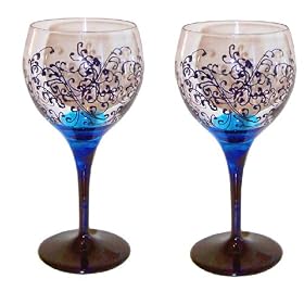 ArtisanStreet's Elegant Wine Goblets. Set of 2. Intricate Scroll Design in Shades of Blue.... by ArtisanStreet