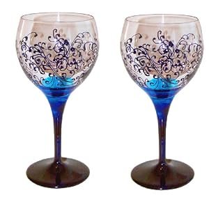 ArtisanStreet's Elegant Wine Goblets. Set of 2. Intricate Scroll Design in Shades of Blue.... by 