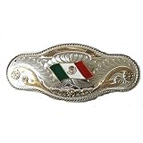 Long Belt Buckle with Mexican Flag Design Gold and Silver Overlay