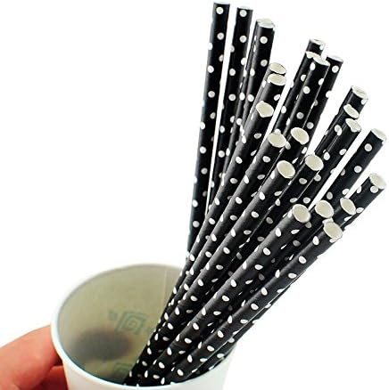 icarekit 25 PCS Paper Drinking Straws for Birthday Festival Table Decorations (Small white polka dot on black)