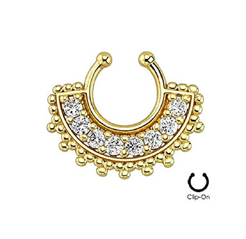 Gold IP Large Paved Gem Fan Non-Piercing Septum Hanger Clip On Clicker Ring 503GC