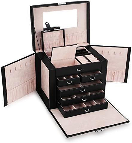 Allewie Black Leather Jewelry Box Lockable Makeup Storage Travel Case Organizer