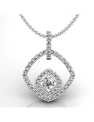 14KT White Gold This lovely diamond pendant showcases a single prong set diamond in the middle surrounded but two pave set diamond boxes. Simple and beautiful just like the woman who will wear it. 1/3 CTW
