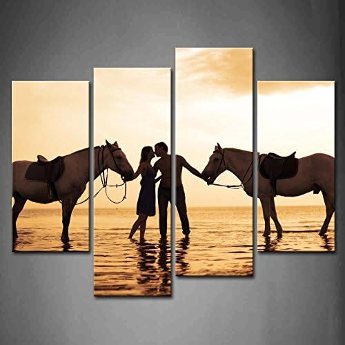Canval prit painting 4 Panel Wall Art A Couple Fall In Love At Sunset In The Sea With Horse Pictures Print On Canvas Animal The Picture piece