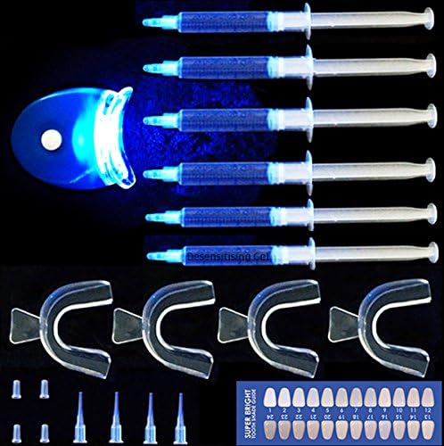 Professional Teeth Whitening Gel Kit 44% Carbamide Peroxide with 6 Syringes Gel 10, 4 Pcs Thermoform Trays + 1 Pcs. Bonus White LED Light + Free Shade Guides + Instructions