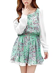 Bell Sleeves Sheer Round Neck Chiffon Floral Print Elasticized   Waistline  Dress