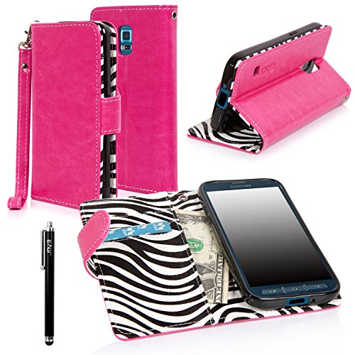 Samsung Galaxy S5 SPORT Case - E LV Deluxe PU Leather Wallet Flip Case with Zebra Print Interior for Galaxy S5 SPORT and 1 Stylus (Hot Pink)