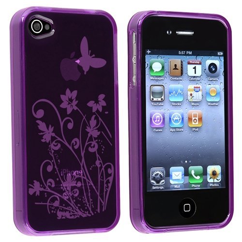 hard case or soft case for iphone:Purple Floral Butterfly Flexible TPU Gel Case for Apple iPhone 4, 4S (AT&T, Verizon, Sprint)