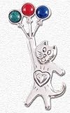 Solid Sterling Silver Cat and Balloons Pin with Malachite, Red Agate, and Lapis