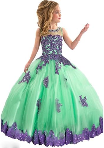 JillWang Girls' Sheer Neck Applique Multicolor Lace Pageant Dress 14 US Green Purple