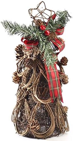 Lovely Natural Twig Grapevine Cone Christmas Tree with Festive Ribbon and Pineberry Accent