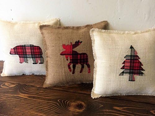 Burlap & Plaid Fringe Pillows With Moose, Bear or Evergreen Tree Applique