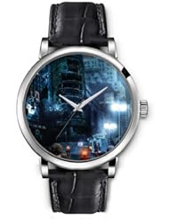 SPRAWL Aanalog Fashion Series Silver Ladies Watches of Genuine Black Leather Strap,Unique Wrist Watch for Women Girls Designed with The night city
