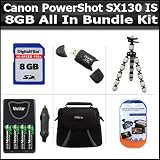 8GB All In Bundle For Canon PowerShot SX130 IS SX130IS Digital Camera Includes 8GB High Speed SD Memory card + Flexible Gripster Tripod + USB 2.0 High Speed Card Reader + 4AA High Capacity Rechargeable NIMH Batteries And A/c D/c Rapid Charger + Case + LCD