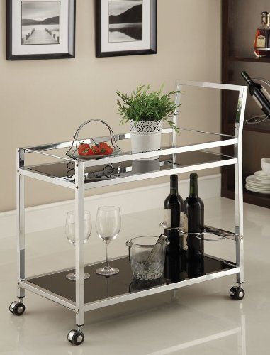 Chrome Metal Bar Tea Serving Cart With Black Tempered Glass
