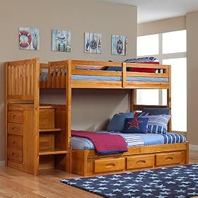 Honey Twin Full Staircase Mission Bunk w  3 Drawers: Desk Hutch and Chair, TV Stand, 5...