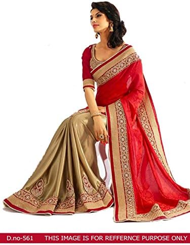 JHTEX FASHION Indian Women's Designer Fancy Georgette Saree Free Size Red