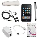 GTMax Black Soft Rubber Silicone Skin Cover Case + Rapid Car Charger + Home Charger + USB Data Cable + 3.5mm Stereo Headset + Full Front LCD Screen Protector + Stylus Silver for Apple iPod Touch 8GB 32GB 64GB 3rd 3G Generation NEWEST MODEL