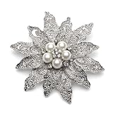 Bridal Brooch, Silver Leaf Floral Brooch w/ Pearl Cluster Center 1123