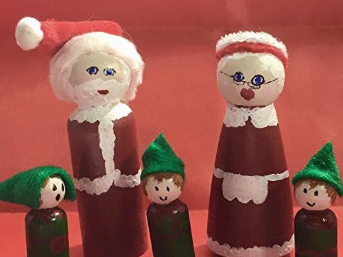 Hand Painted Santa and Mrs Claus and Elves Wooden Peg Figures (5 piece set)