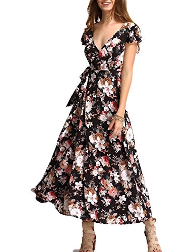 Fanala Women Fashion Deep V-Neck Split Floral Long Maxi Party Beach Swing Dress