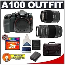 Sony Alpha A100 A100K 10.2MP Digital SLR Camera Kit with 18-70mm f3.5-5.6 Lens + Sony Alpha 75-300mm f/4.5-5.6 Lens + Transcend 2GB 133X CompactFlash Card + USB Card Reader + Spare Replacement Battery for Sony NP-FM55H + Deluxe SLR Gadget Bag.
