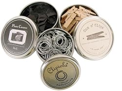 Trio of Cans: 240 Photo Mounting Corners, Italian Paperclips and Can O'Clips 24 count decorative Clothespins Vintage look in Keepsake Tin Cavallini Papers