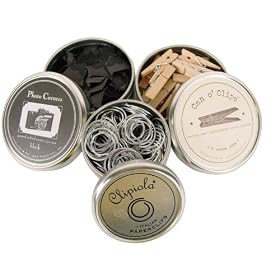 Trio of Cans: 240 Photo Mounting Corners, Italian Paperclips and Can O'Clips 24 count decorative Clothespins Vintage look in Keepsake Tin Cavallini Papers