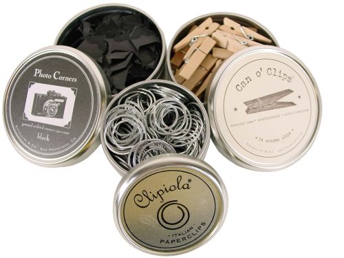 scrapbooking corners Discount Trio of Cans: 240 Photo Mounting Corners, Italian Paperclips and Can O'Clips 24 count decorative Clothespins Vintage look in Keepsake Tin Cavallini Papers