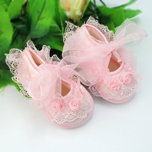 ElecMotive Cute Princess Non-Slip Newborn Shoes Baby Girl Toddlers Infant Soft Sole Cloth Shoes with Beautiful Lace (6-9 months, Pink)